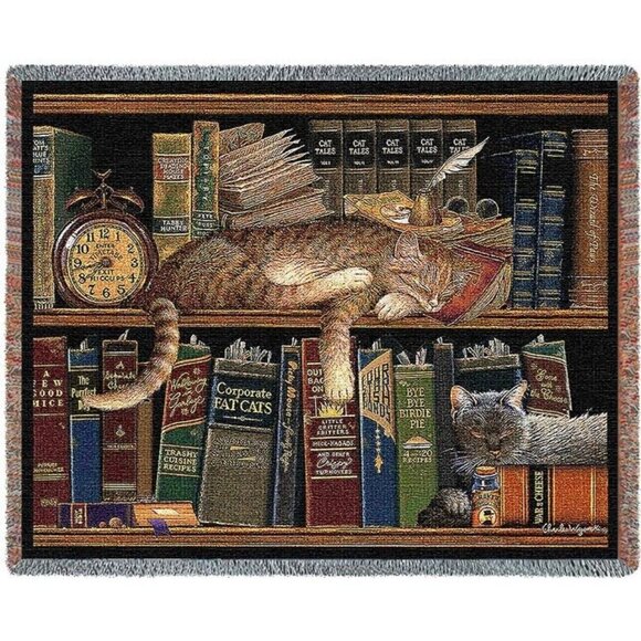 New Cat Remington the Well Read Woven Cotton Afghan Gift Throw Blanket Wysocki - Picture 1 of 4